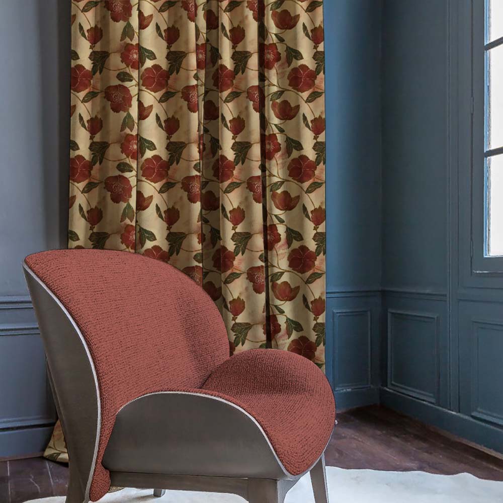 Botanic Blooms Floral Maroon Heavy Satin Room Darkening Curtains Set Of 2 - (DS494B)