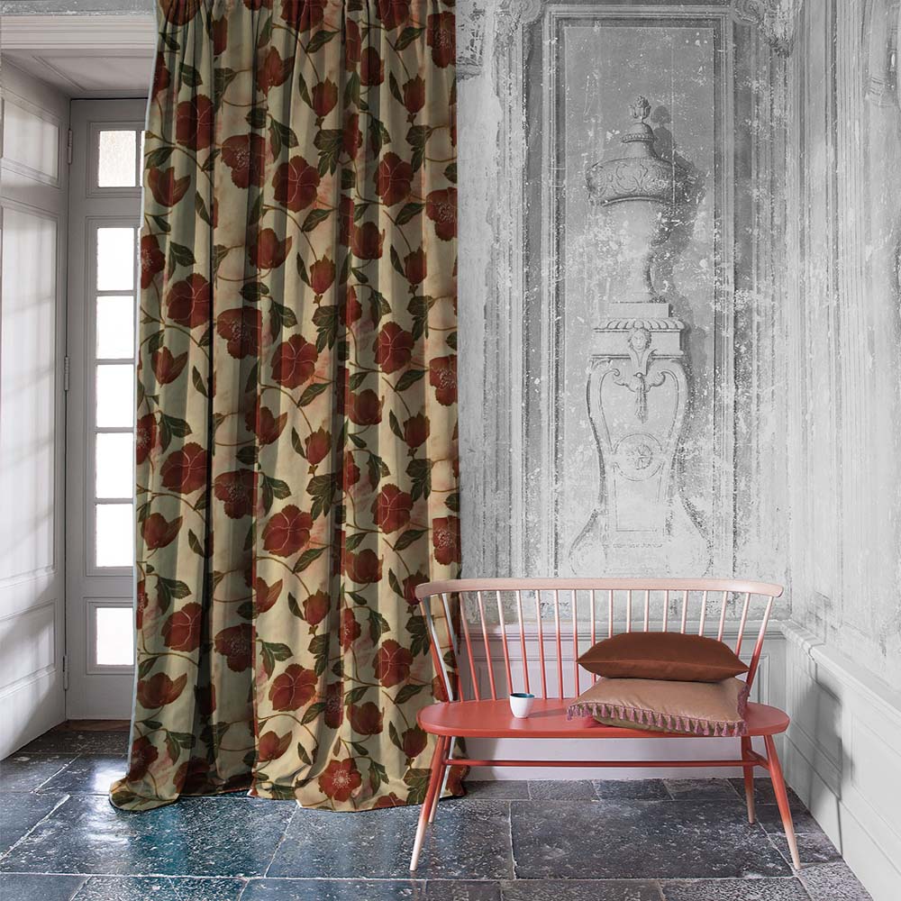 Botanic Blooms Floral Maroon Heavy Satin Room Darkening Curtains Set Of 2 - (DS494B)