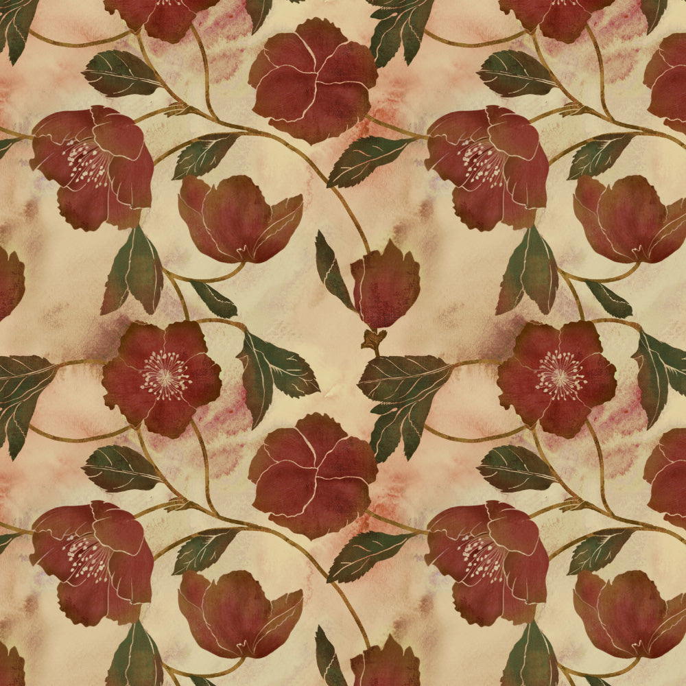 Botanic Blooms Floral Maroon Heavy Satin Room Darkening Curtains Set Of 2 - (DS494B)