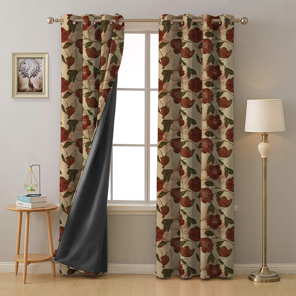 Botanic Blooms Floral Maroon Heavy Satin Room Darkening Curtains Set Of 2 - (DS494B)