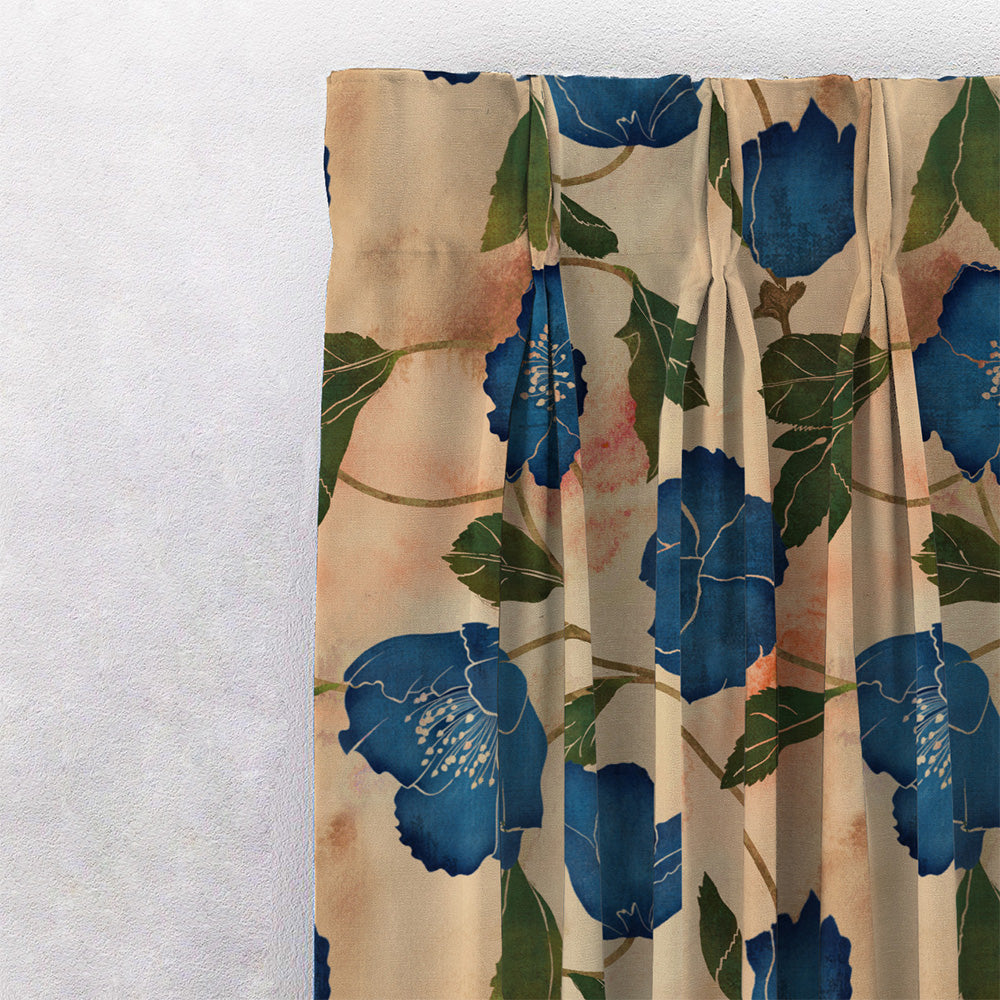 Botanic Blooms Floral Oxford Blue Heavy Satin Room Darkening Curtains Set Of 2 - (DS494C)