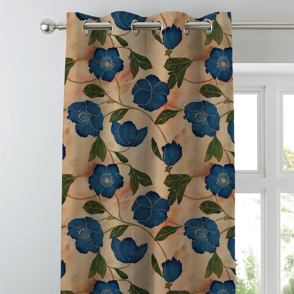 Botanic Blooms Floral Oxford Blue Heavy Satin Room Darkening Curtains Set Of 2 - (DS494C)