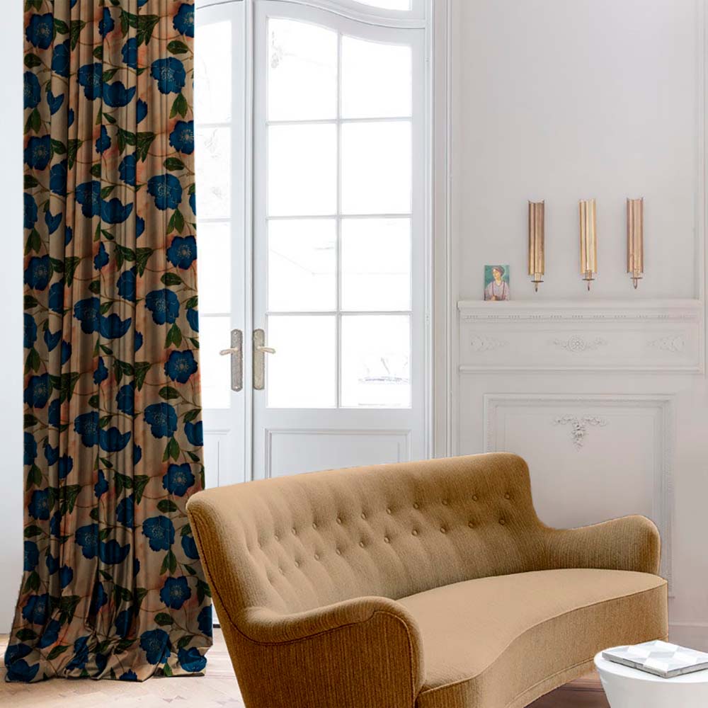 Botanic Blooms Floral Oxford Blue Heavy Satin Room Darkening Curtains Set Of 2 - (DS494C)