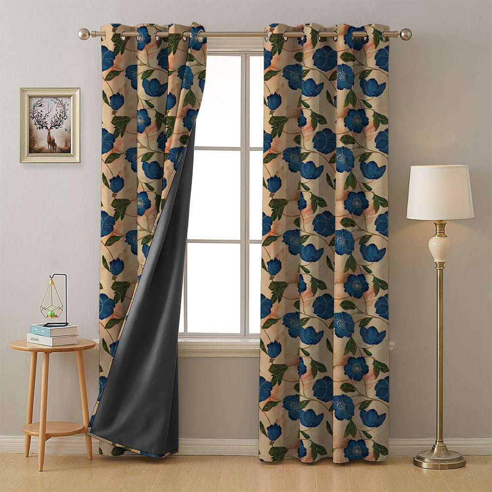Botanic Blooms Floral Oxford Blue Heavy Satin Room Darkening Curtains Set Of 2 - (DS494C)