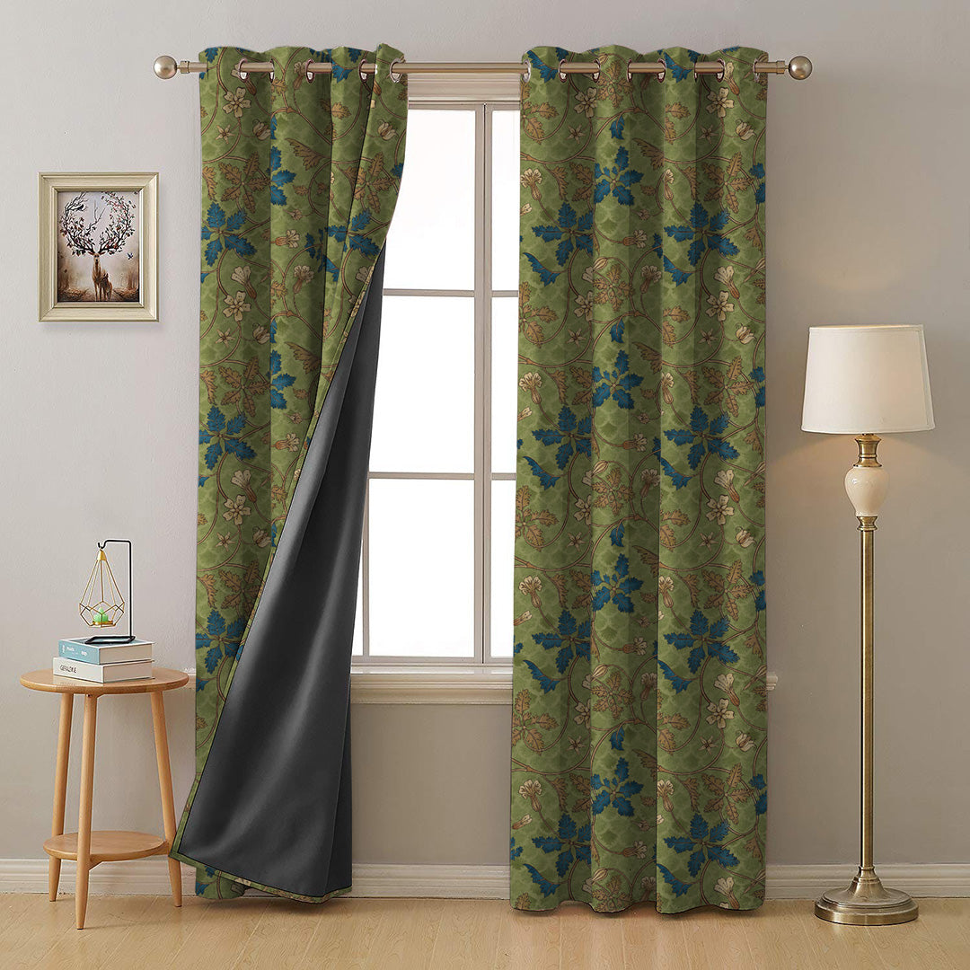 Floral Poetry Floral Olive Green Heavy Satin Room Darkening Curtains Set Of 2 - (DS498A)