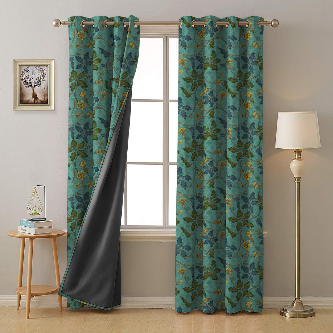 Floral Poetry Floral Turquoise Heavy Satin Room Darkening Curtains Set Of 2 - (DS498C)