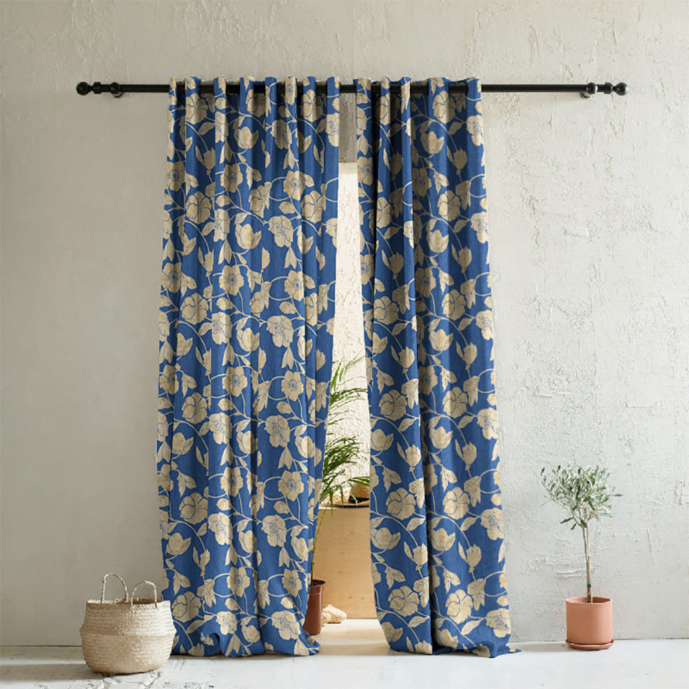 Botanic Bouquet Floral Oxford Blue Heavy Satin Room Darkening Curtains Set Of 2 - (DS509A)