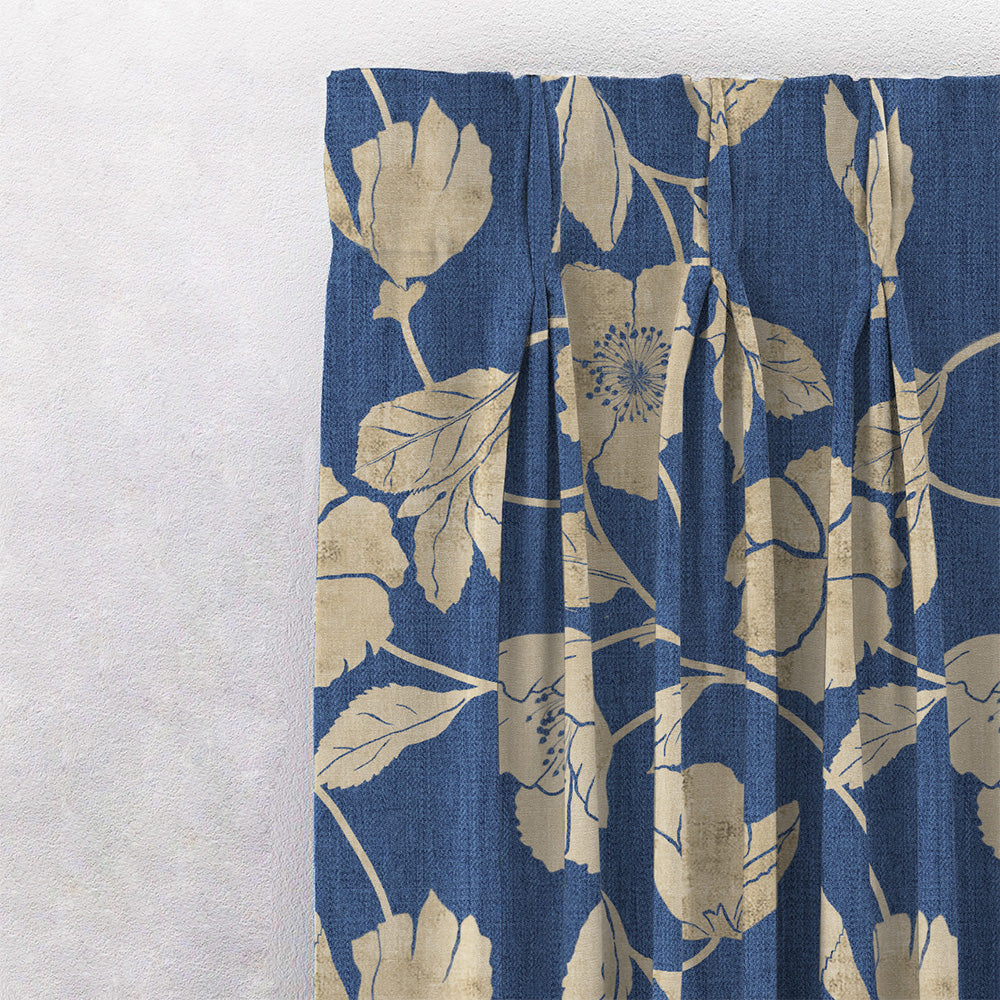 Botanic Bouquet Floral Oxford Blue Heavy Satin Room Darkening Curtains Set Of 2 - (DS509A)