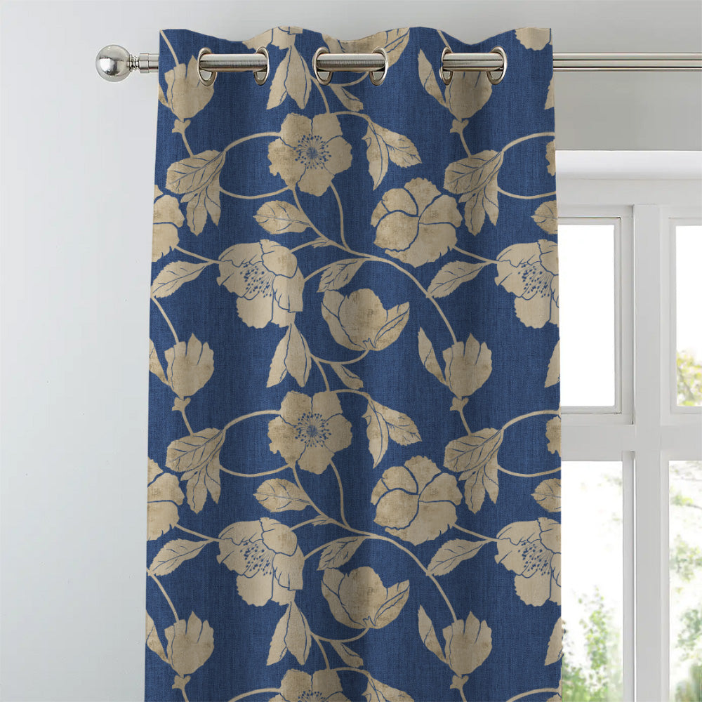 Botanic Bouquet Floral Oxford Blue Heavy Satin Room Darkening Curtains Set Of 2 - (DS509A)