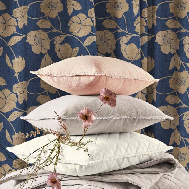 Botanic Bouquet Floral Oxford Blue Heavy Satin Room Darkening Curtains Set Of 2 - (DS509A)