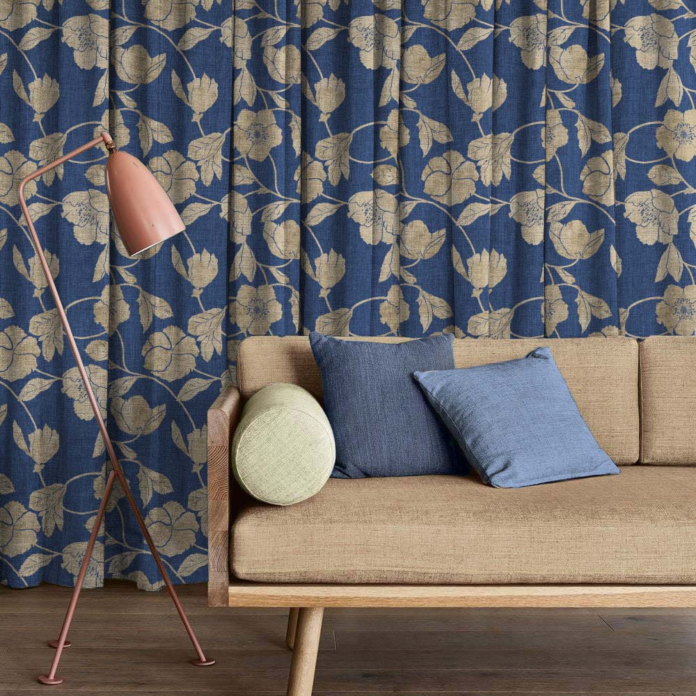 Botanic Bouquet Floral Oxford Blue Heavy Satin Room Darkening Curtains Set Of 2 - (DS509A)
