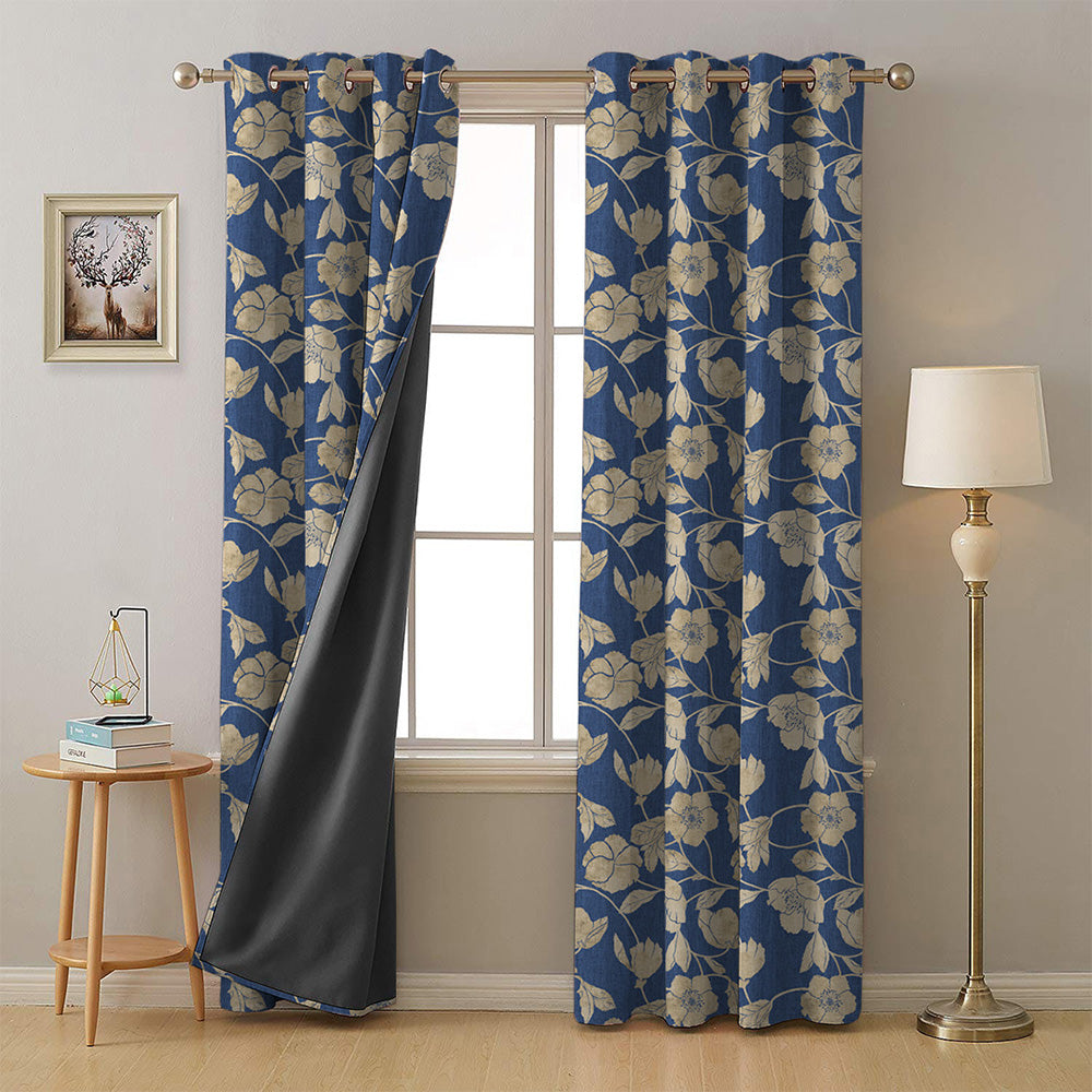 Botanic Bouquet Floral Oxford Blue Heavy Satin Room Darkening Curtains Set Of 2 - (DS509A)