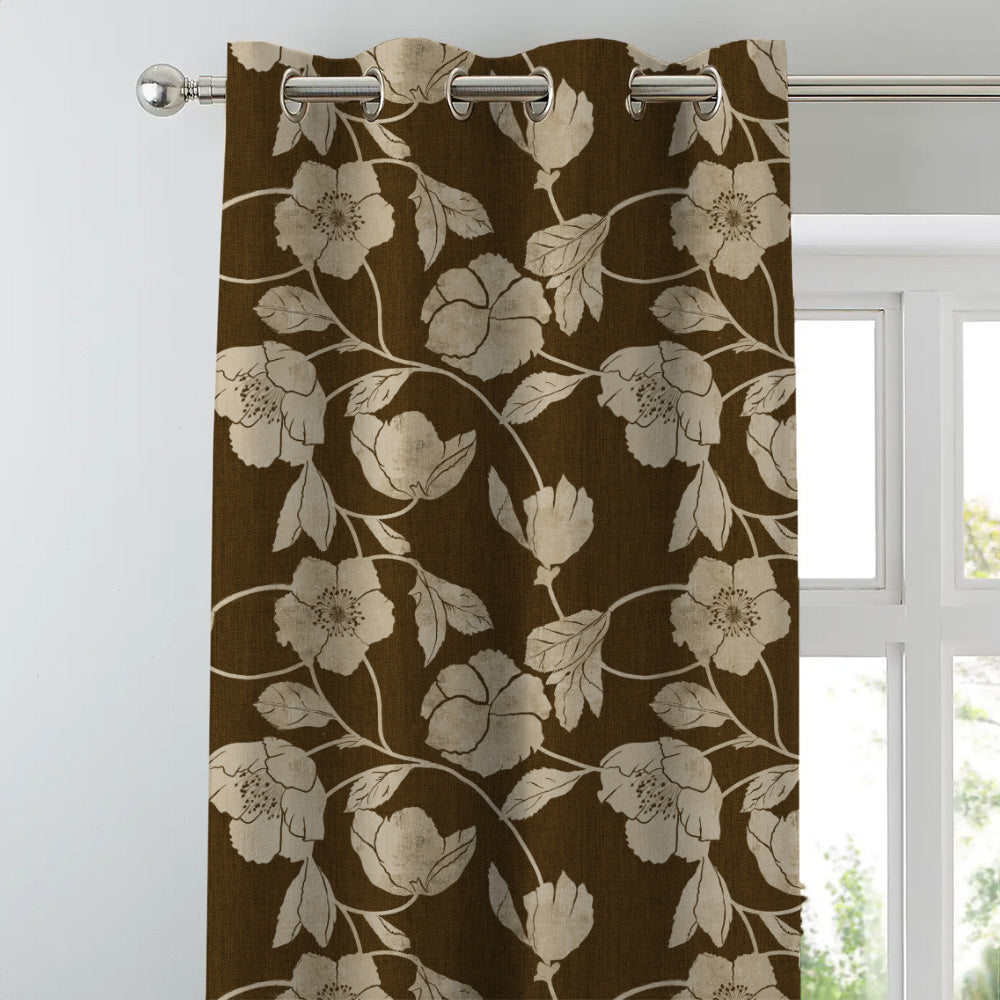Botanic Bouquet Floral Pecan Brown Heavy Satin Room Darkening Curtains Set Of 2 - (DS509B)