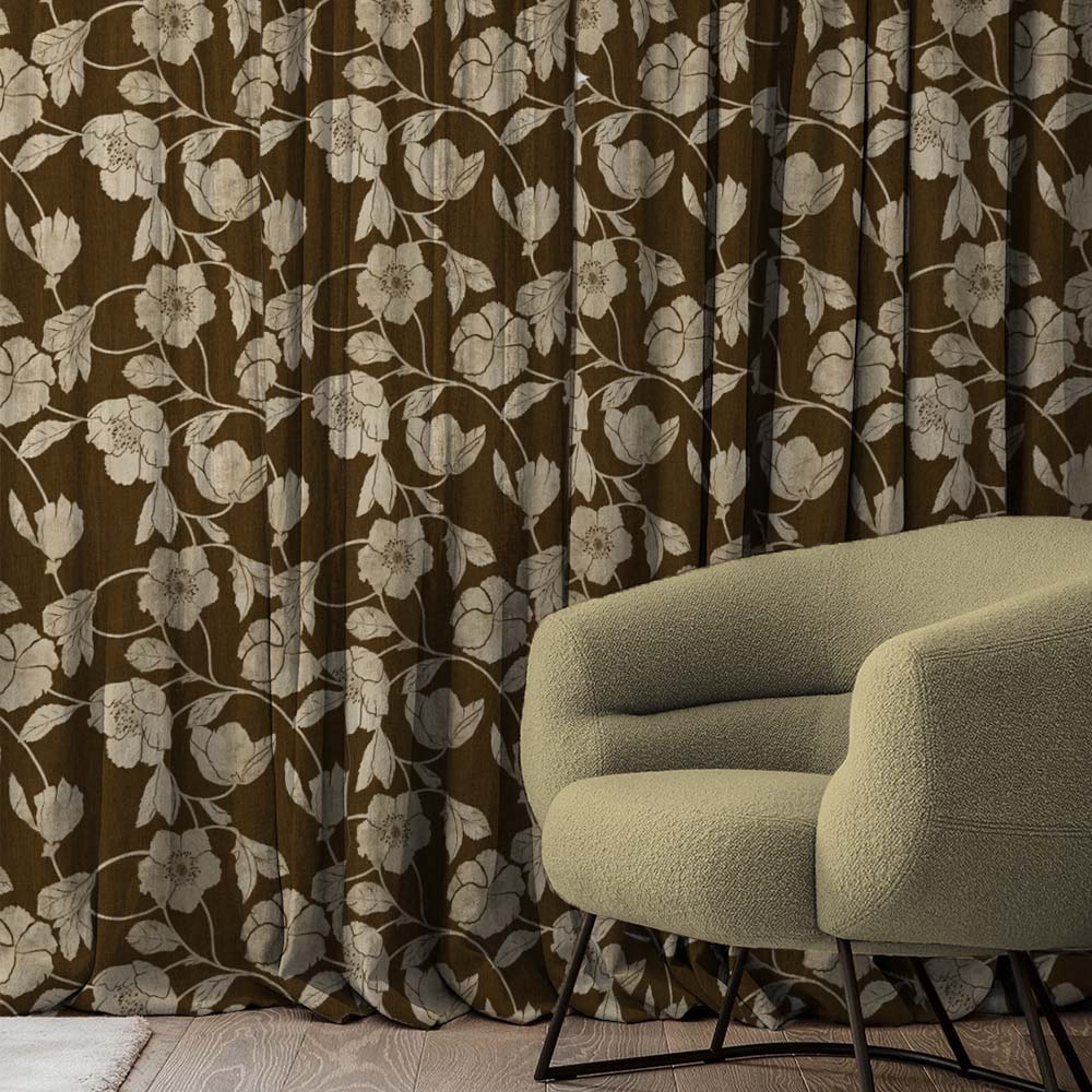 Botanic Bouquet Floral Pecan Brown Heavy Satin Room Darkening Curtains Set Of 2 - (DS509B)