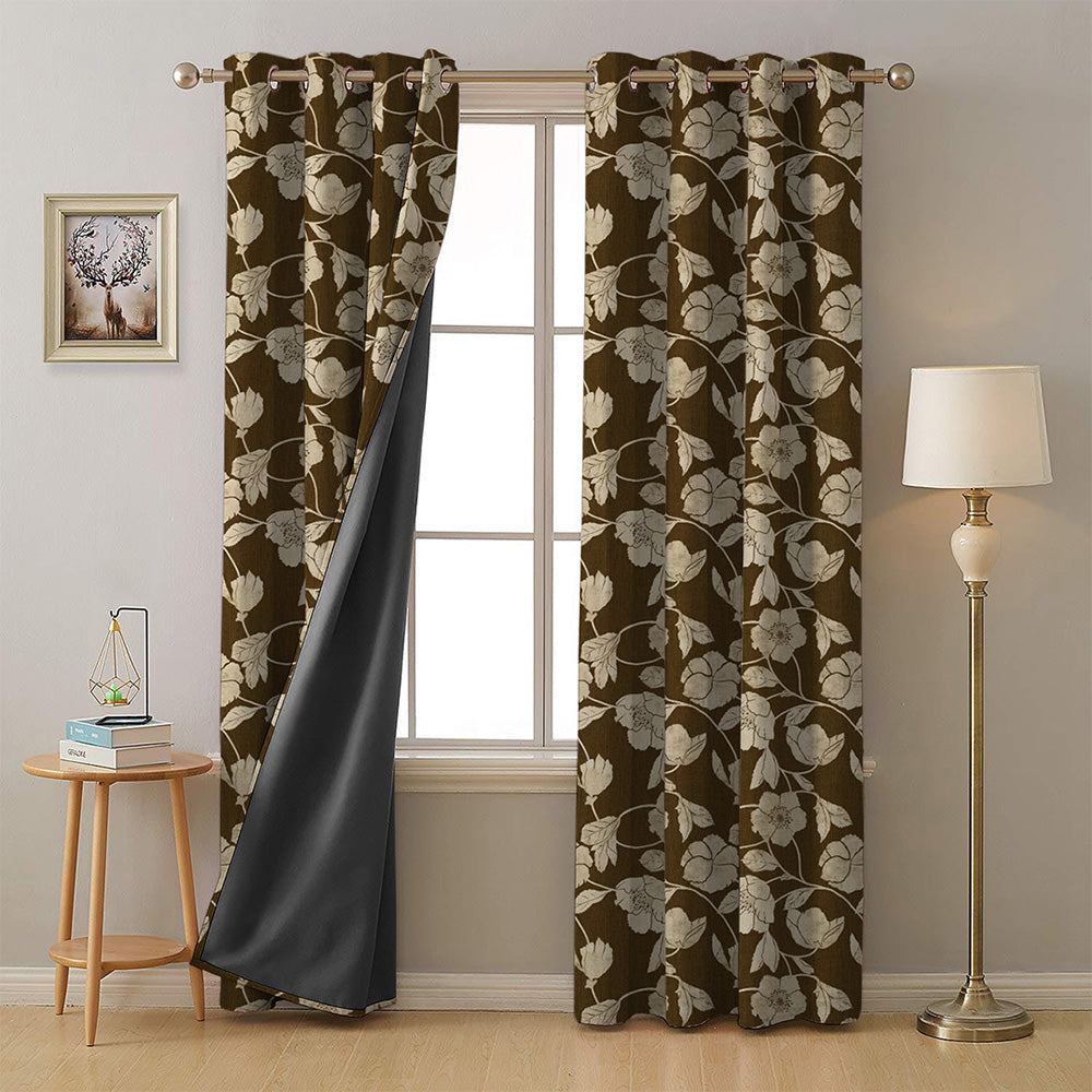 Botanic Bouquet Floral Pecan Brown Heavy Satin Room Darkening Curtains Set Of 2 - (DS509B)