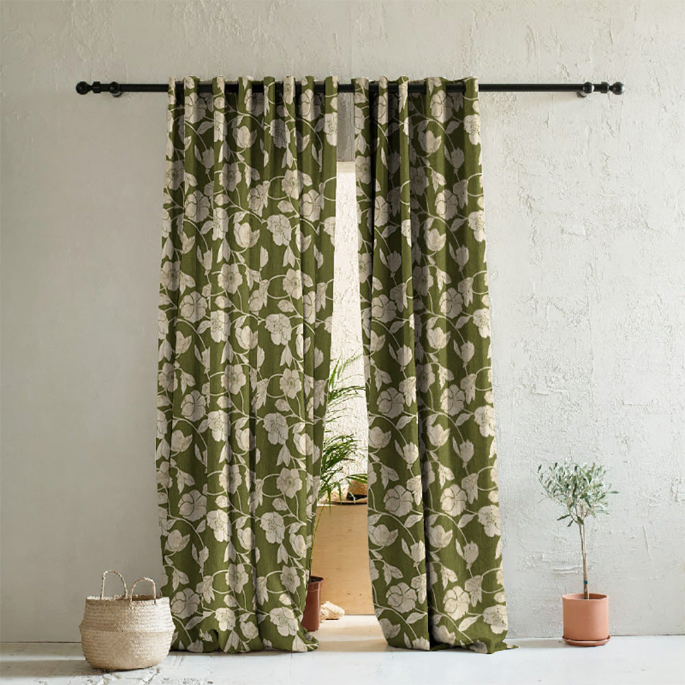 Botanic Bouquet Floral Olive Green Heavy Satin Room Darkening Curtains Set Of 2 - (DS509D)