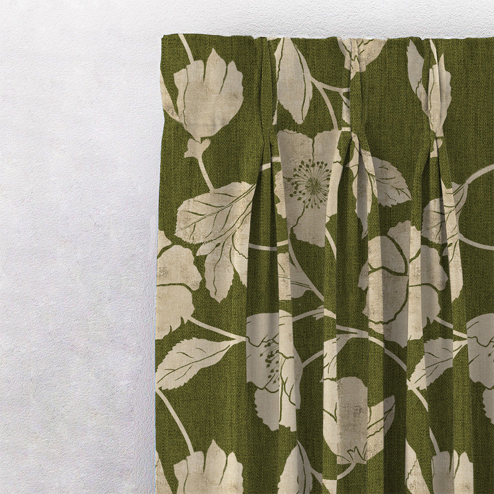 Botanic Bouquet Floral Olive Green Heavy Satin Room Darkening Curtains Set Of 2 - (DS509D)