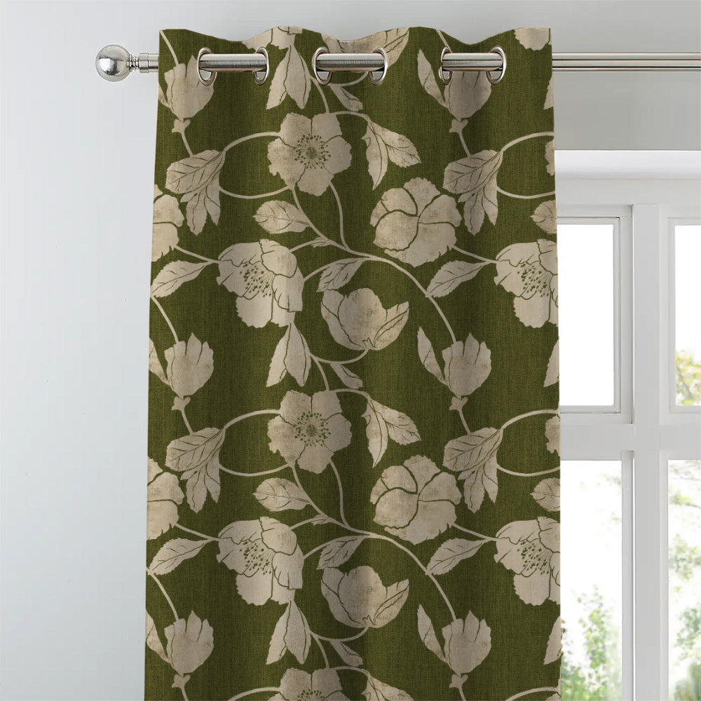 Botanic Bouquet Floral Olive Green Heavy Satin Room Darkening Curtains Set Of 2 - (DS509D)