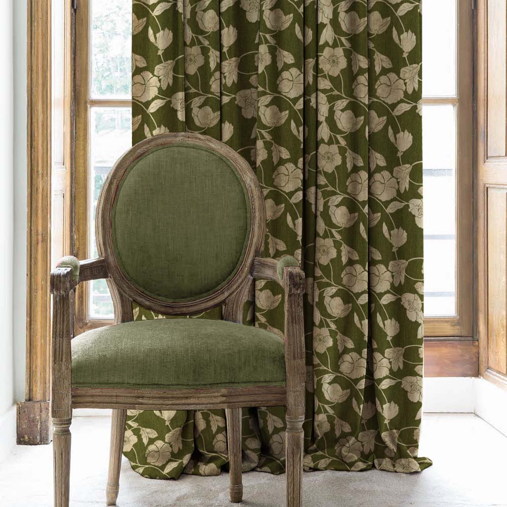 Botanic Bouquet Floral Olive Green Heavy Satin Room Darkening Curtains Set Of 2 - (DS509D)