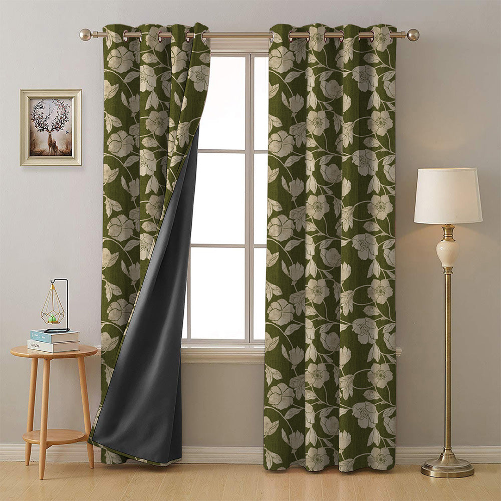 Botanic Bouquet Floral Olive Green Heavy Satin Room Darkening Curtains Set Of 2 - (DS509D)