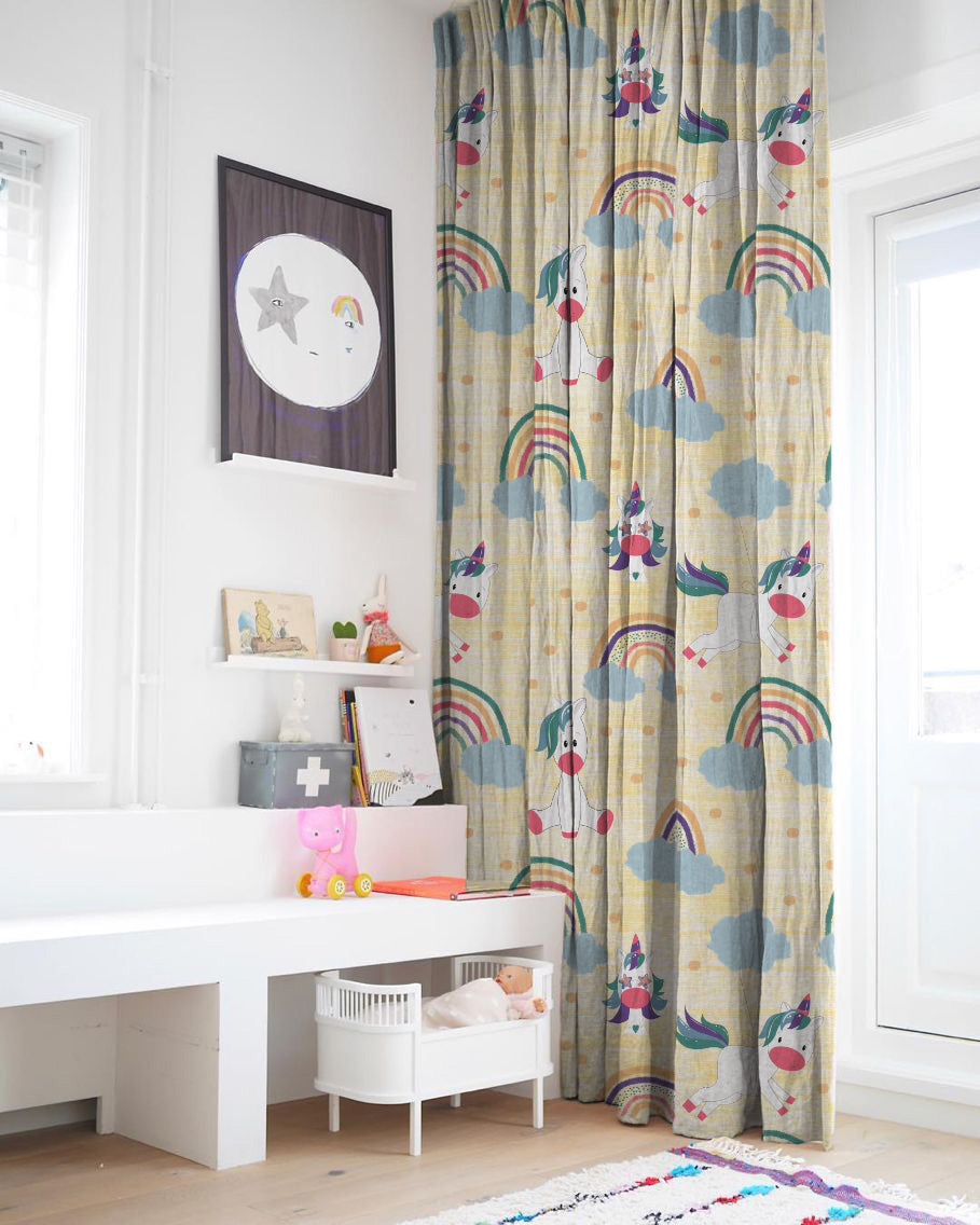 Unicorn Dreams Kids Sunny Yellow Heavy Satin Room Darkening Curtains Set Of 2 - (DS510B)
