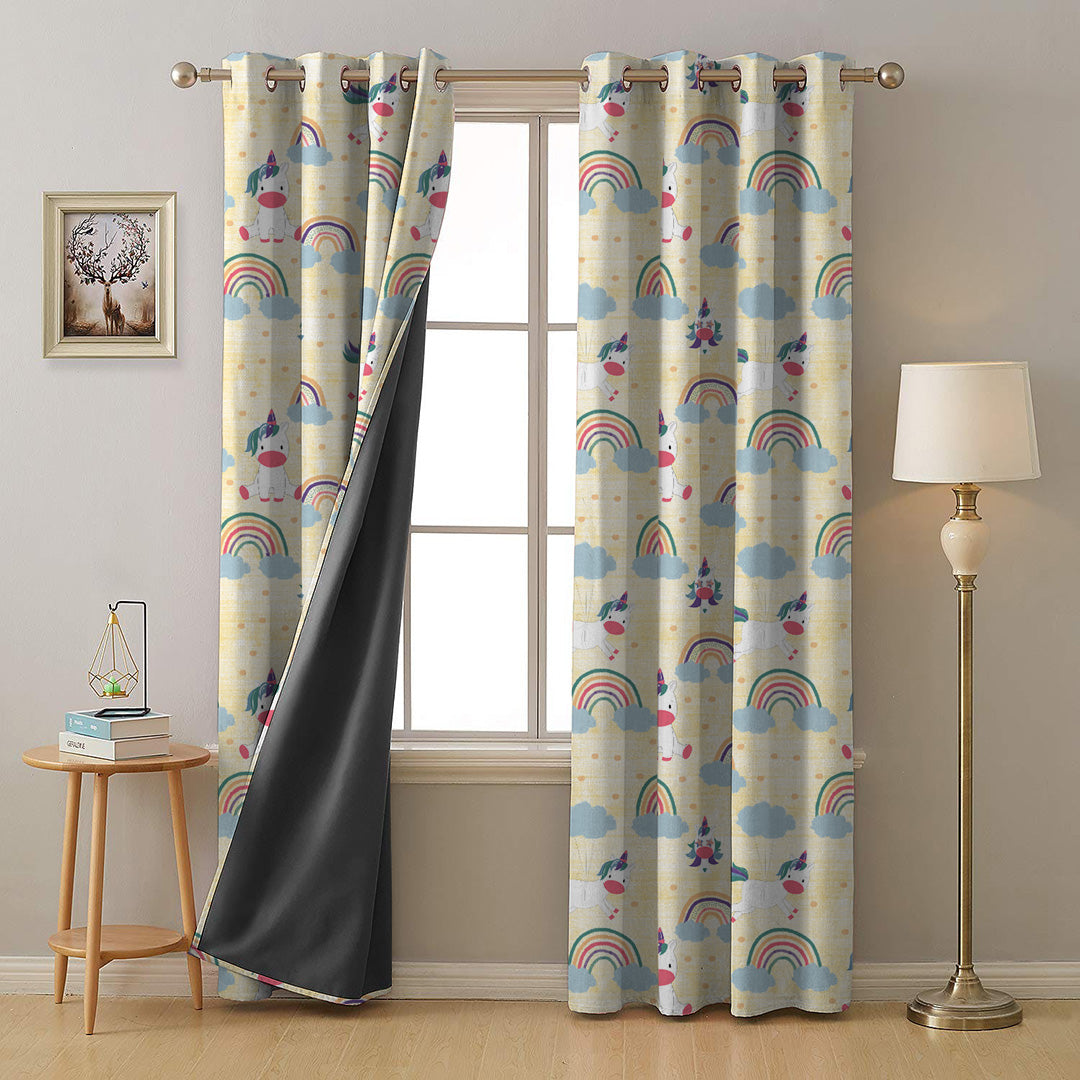 Unicorn Dreams Kids Sunny Yellow Heavy Satin Room Darkening Curtains Set Of 2 - (DS510B)
