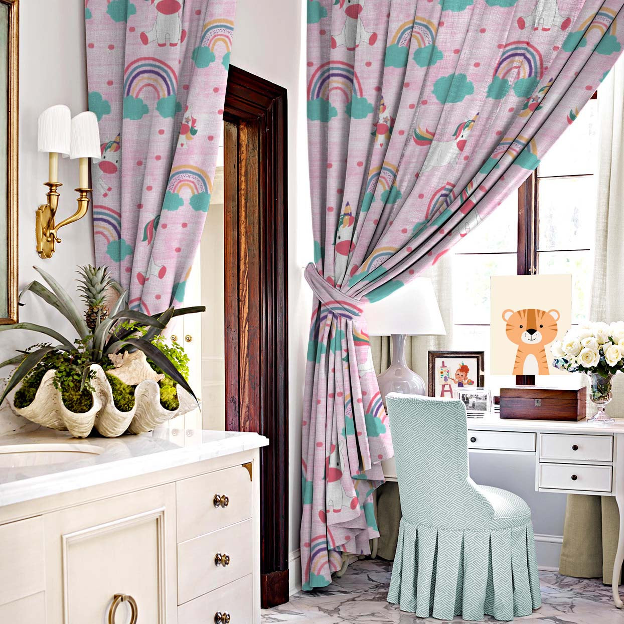 Unicorn Dreams Kids Pastel Pink Heavy Satin Room Darkening Curtains Set Of 2 - (DS510D)
