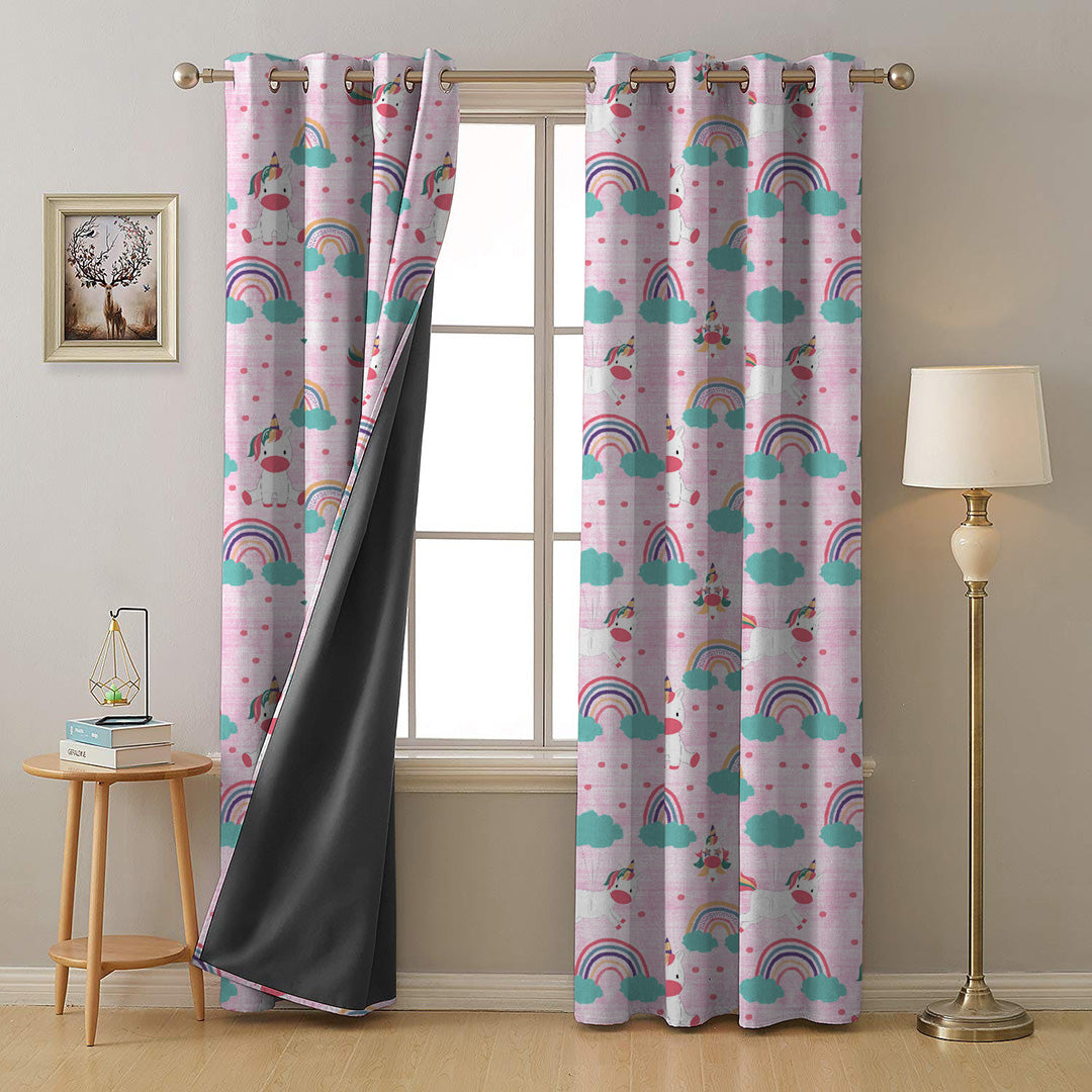 Unicorn Dreams Kids Pastel Pink Heavy Satin Room Darkening Curtains Set Of 2 - (DS510D)
