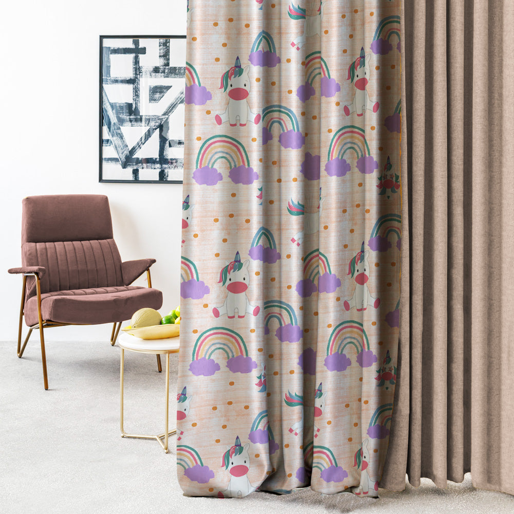 Unicorn Dreams Kids Orange Heavy Satin Room Darkening Curtains Set Of 2 - (DS510F)