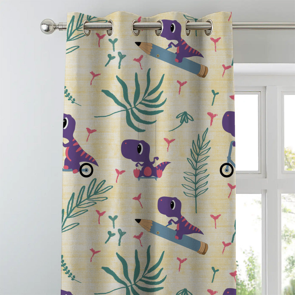 Dino Delight Kids Sunny Yellow Heavy Satin Room Darkening Curtains Set Of 2 - (DS512B)