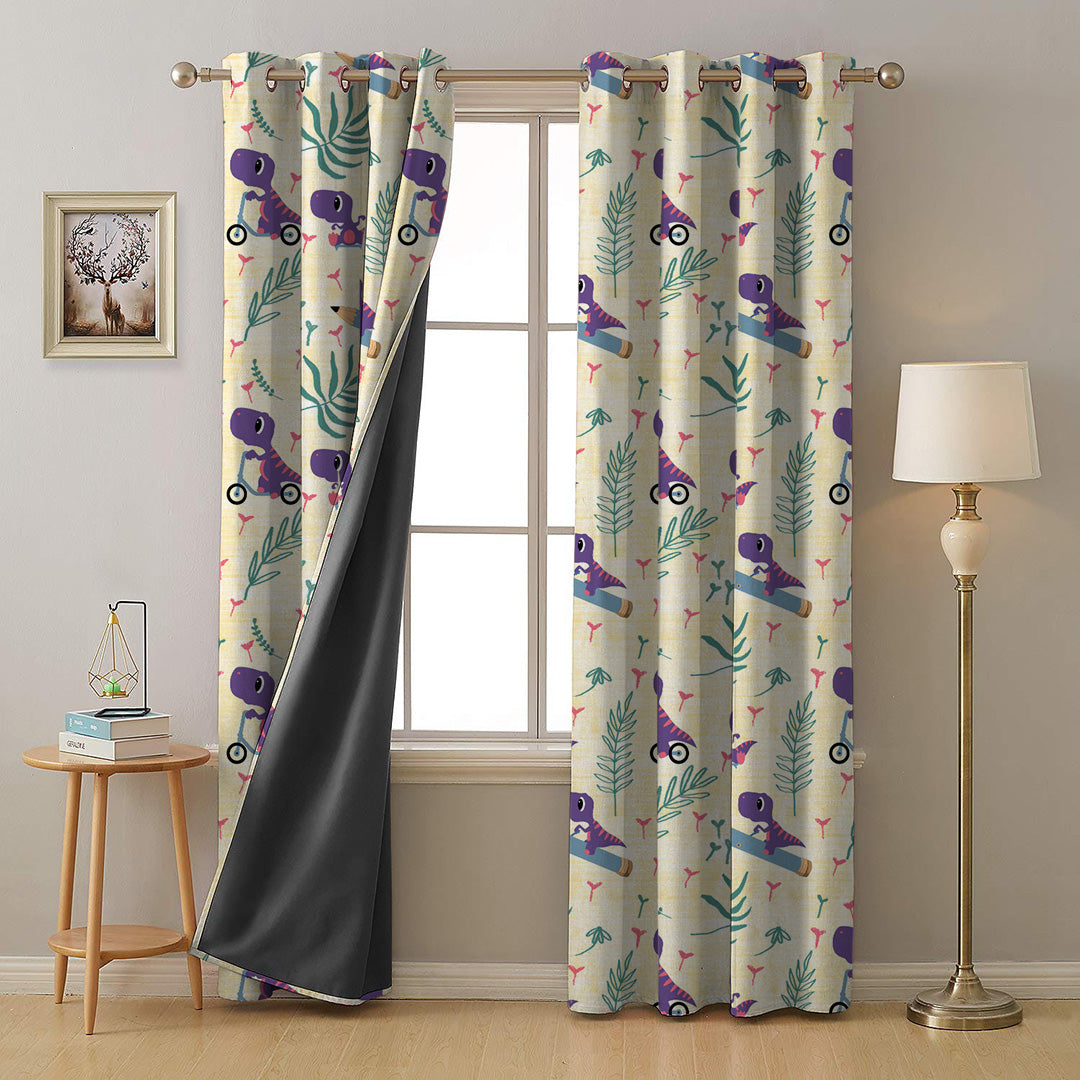 Dino Delight Kids Sunny Yellow Heavy Satin Room Darkening Curtains Set Of 2 - (DS512B)