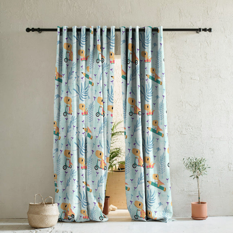 Dino Delight Kids Mint Green Heavy Satin Room Darkening Curtains Set Of 2 - (DS512C)
