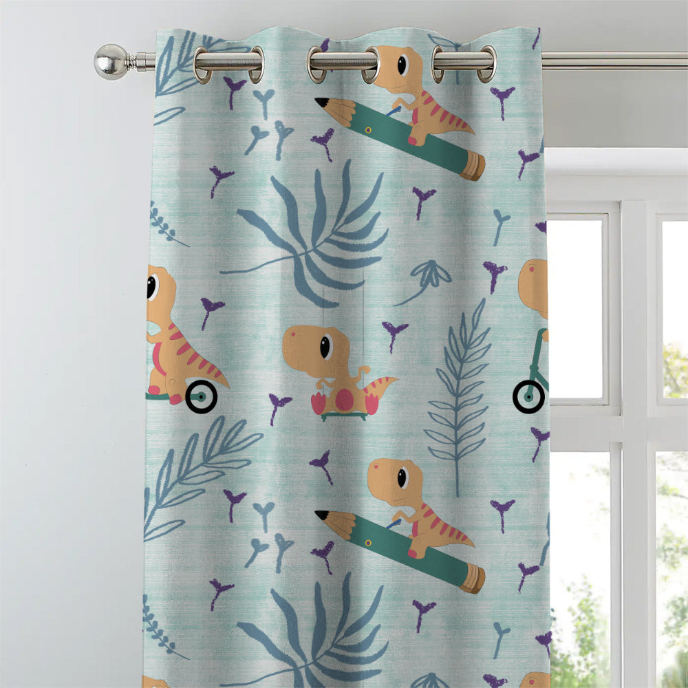 Dino Delight Kids Mint Green Heavy Satin Room Darkening Curtains Set Of 2 - (DS512C)