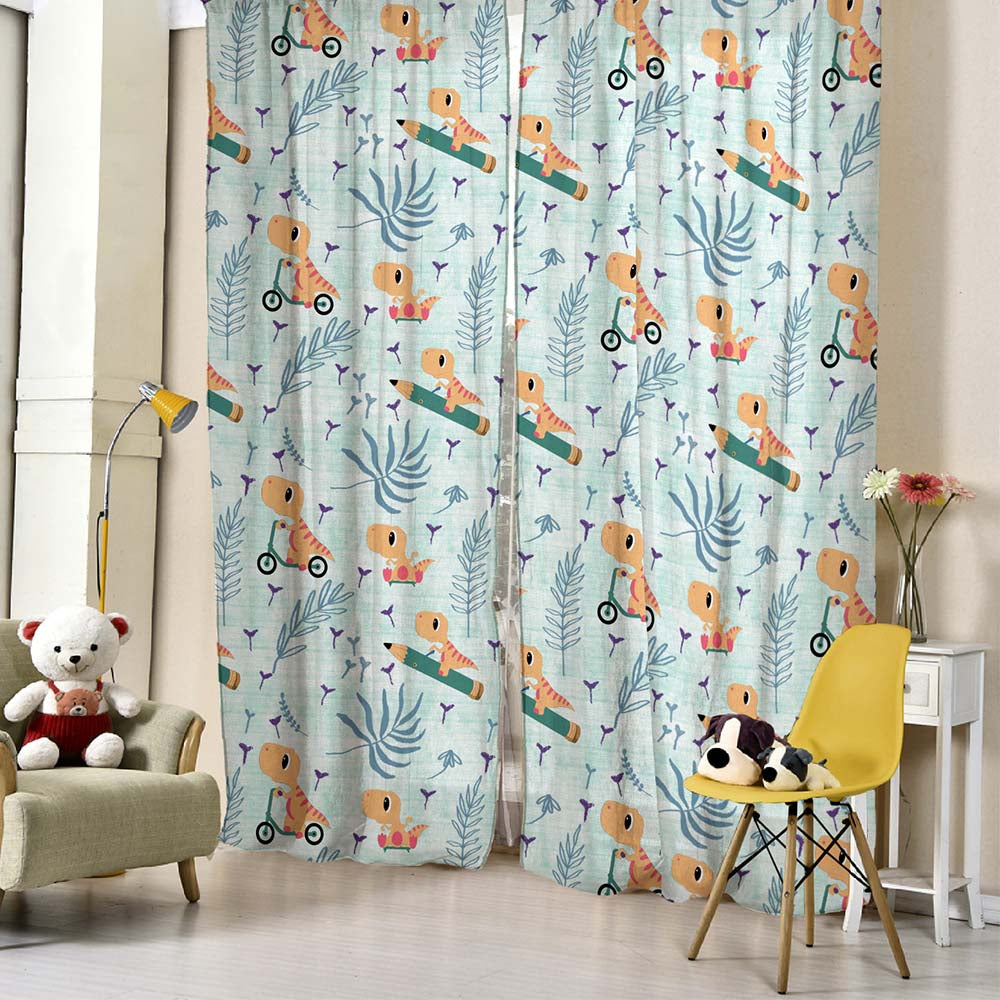Dino Delight Kids Mint Green Heavy Satin Room Darkening Curtains Set Of 2 - (DS512C)