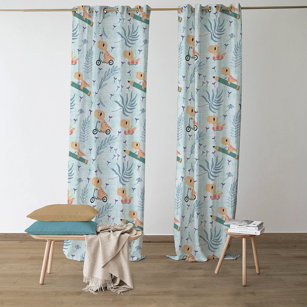 Dino Delight Kids Mint Green Heavy Satin Room Darkening Curtains Set Of 2 - (DS512C)