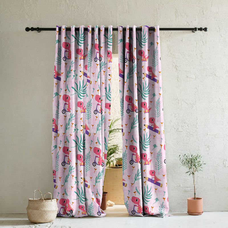 Dino Delight Kids Pastel Pink Heavy Satin Room Darkening Curtains Set Of 2 - (DS512D)