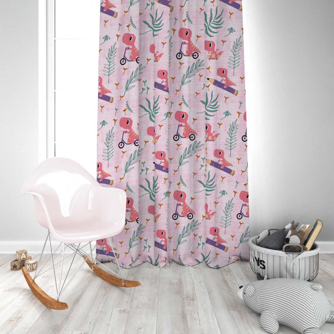 Dino Delight Kids Pastel Pink Heavy Satin Room Darkening Curtains Set Of 2 - (DS512D)