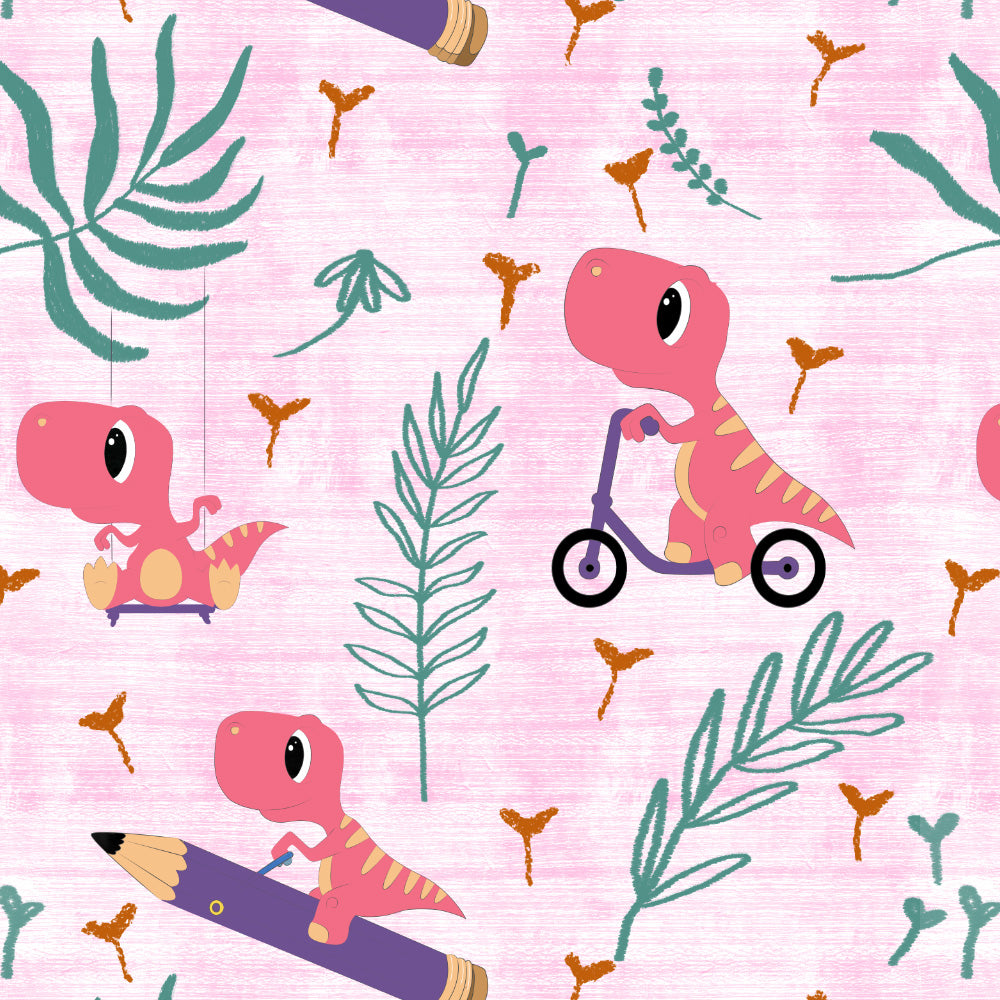 Dino Delight Kids Pastel Pink Heavy Satin Room Darkening Curtains Set Of 2 - (DS512D)