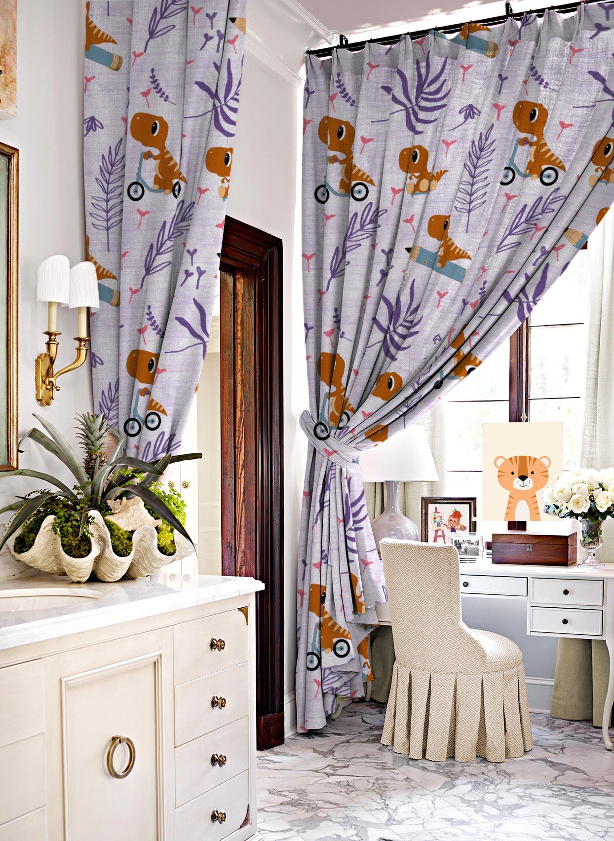 Dino Delight Kids Pastel Purple Heavy Satin Room Darkening Curtains Set Of 2 - (DS512E)