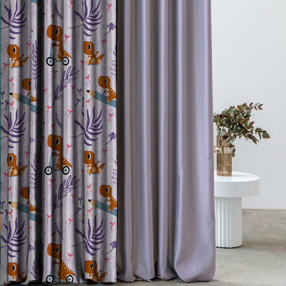 Dino Delight Kids Pastel Purple Heavy Satin Room Darkening Curtains Set Of 2 - (DS512E)