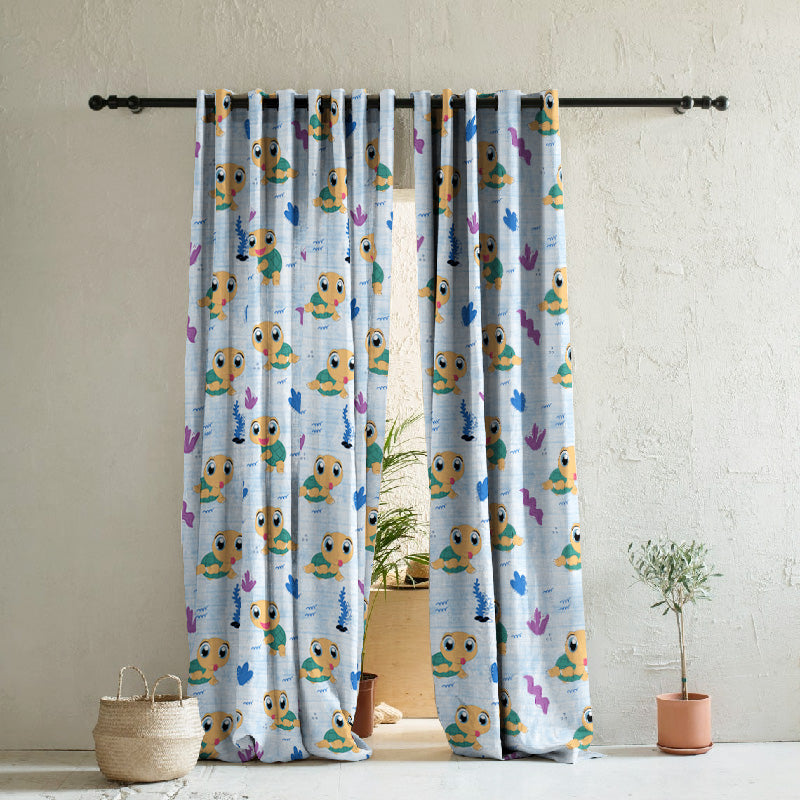 Turtle Tales Kids Sky Blue Heavy Satin Room Darkening Curtains Set Of 2 - (DS513A)