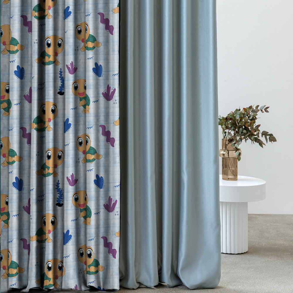 Turtle Tales Kids Sky Blue Heavy Satin Room Darkening Curtains Set Of 2 - (DS513A)