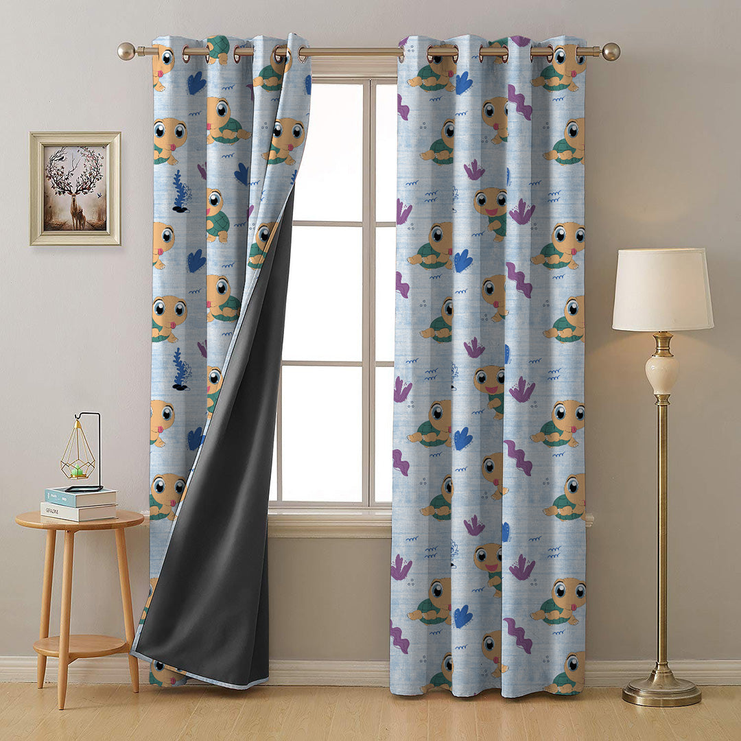 Turtle Tales Kids Sky Blue Heavy Satin Room Darkening Curtains Set Of 2 - (DS513A)
