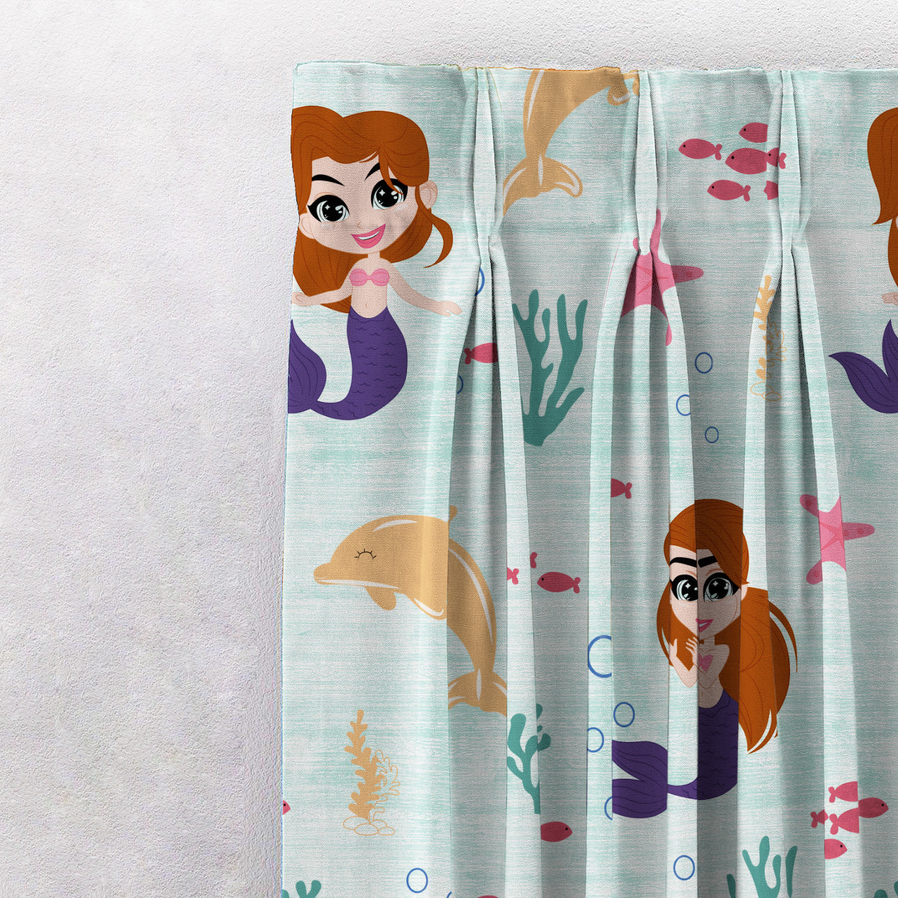 Magical Marine Kids Mint Green Heavy Satin Room Darkening Curtains Set Of 2 - (DS514C)