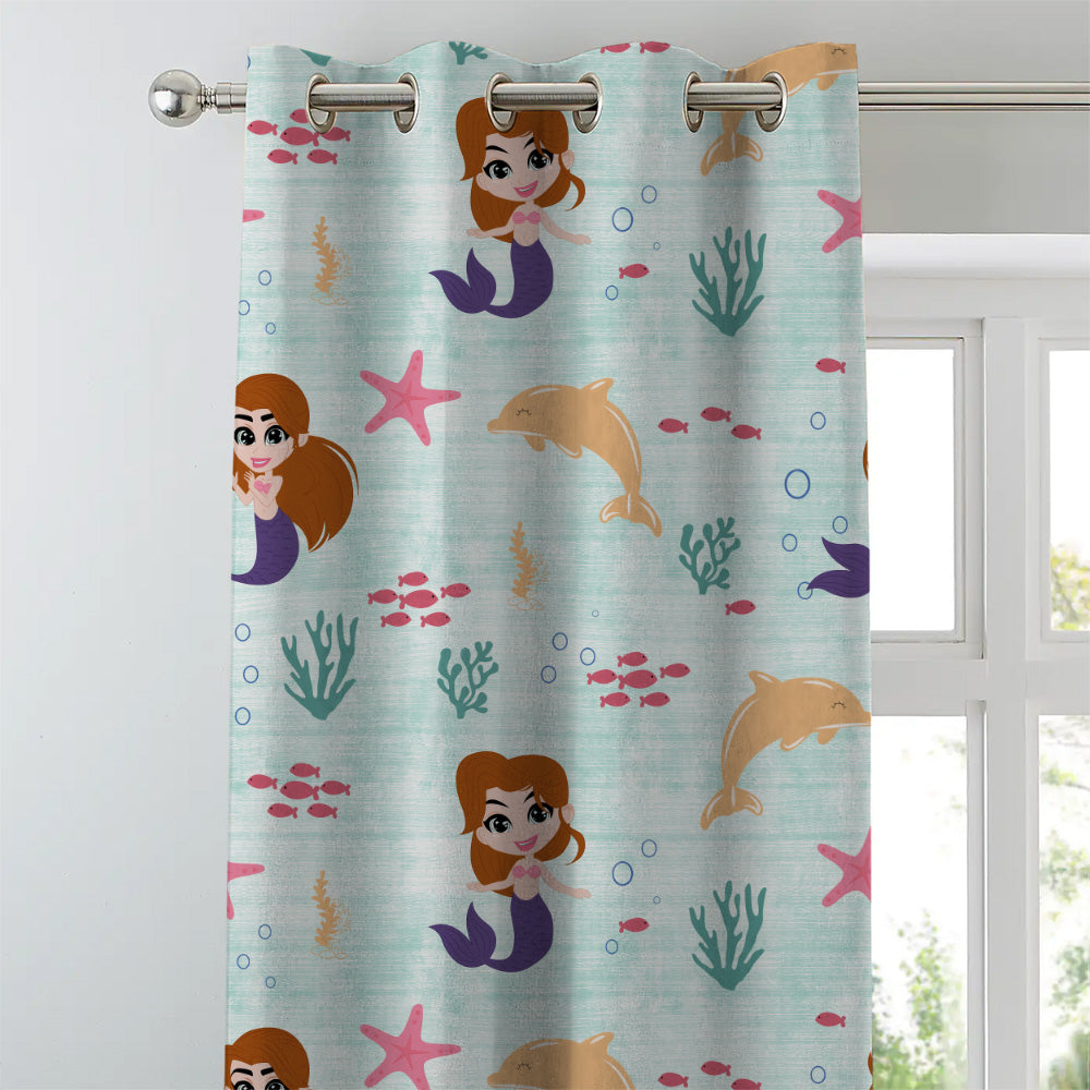 Magical Marine Kids Mint Green Heavy Satin Room Darkening Curtains Set Of 2 - (DS514C)