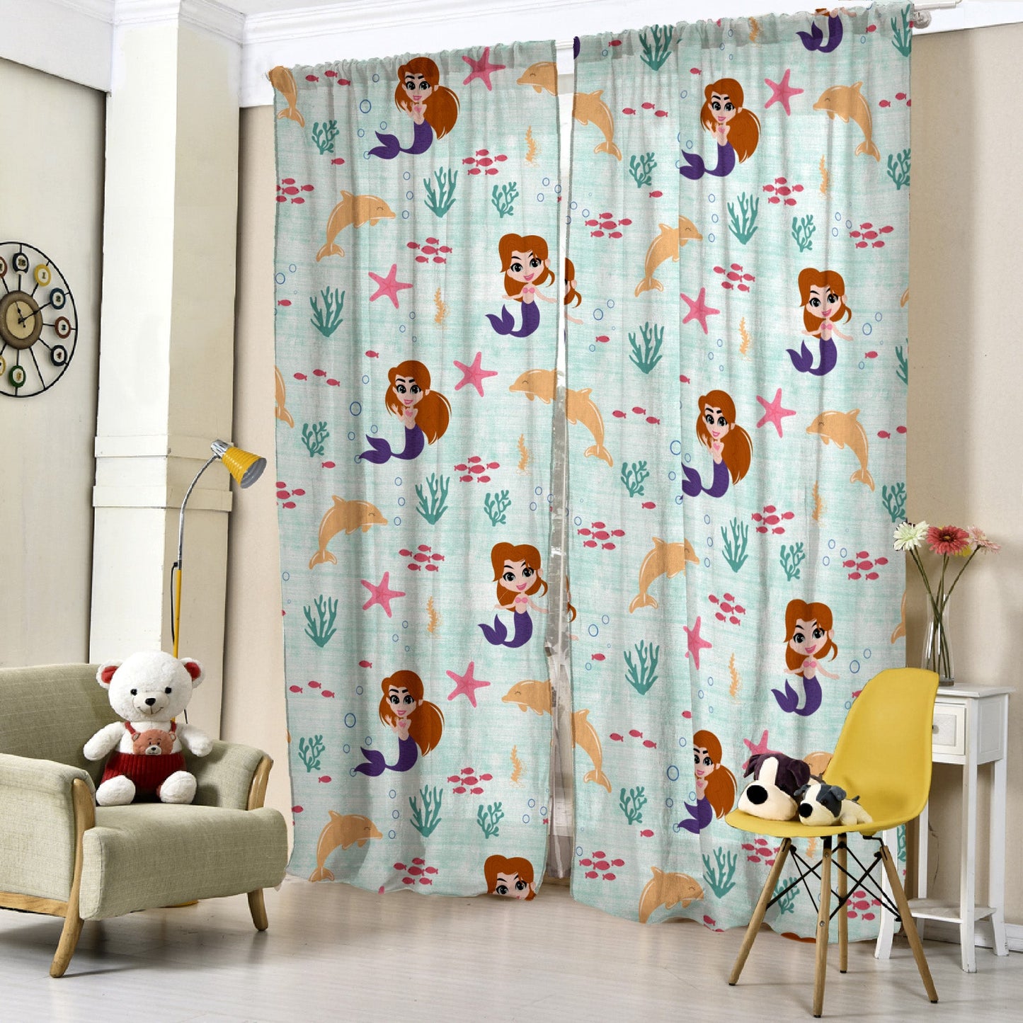 Magical Marine Kids Mint Green Heavy Satin Room Darkening Curtains Set Of 2 - (DS514C)