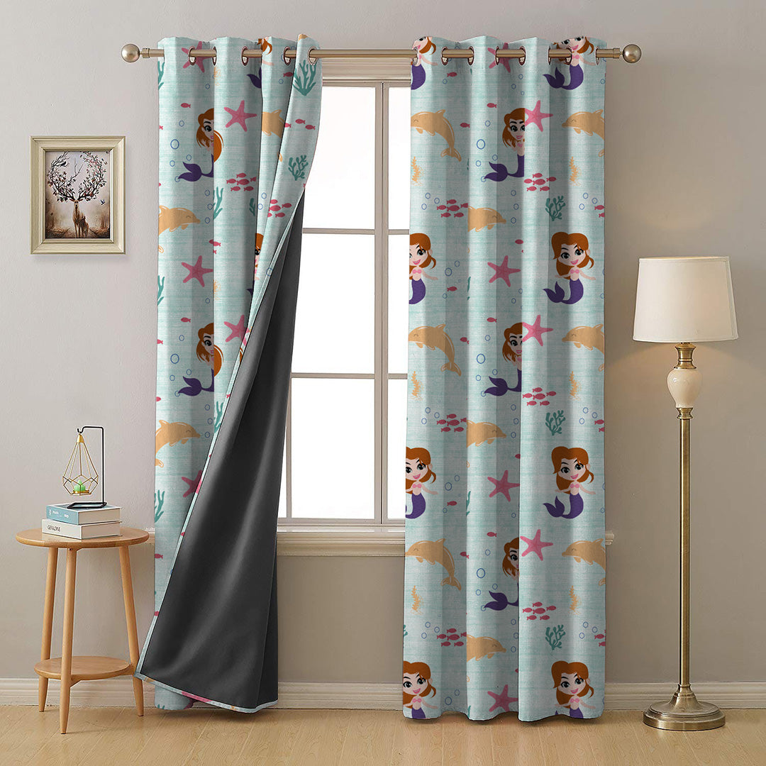Magical Marine Kids Mint Green Heavy Satin Room Darkening Curtains Set Of 2 - (DS514C)