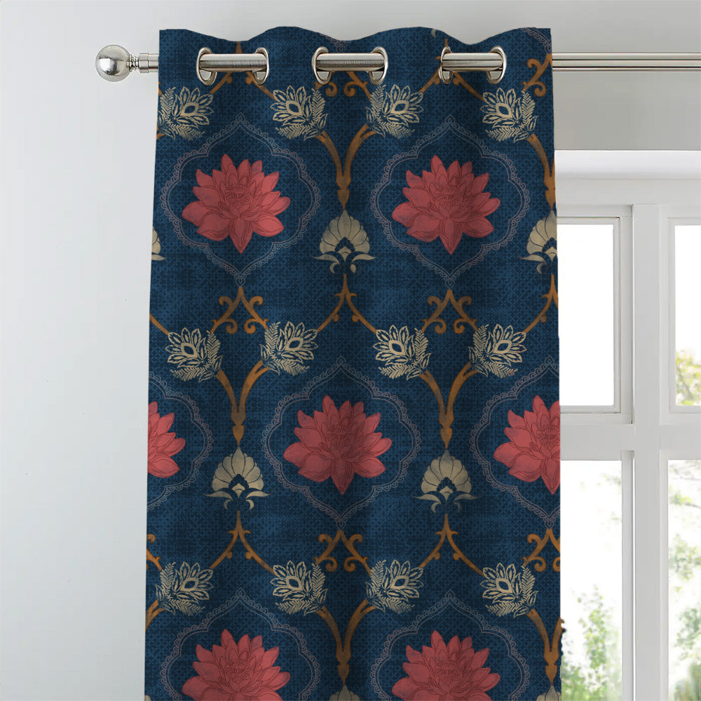 Kamal Indie Prussian Blue Heavy Satin Room Darkening Curtains Set Of 2 - (DS517A)