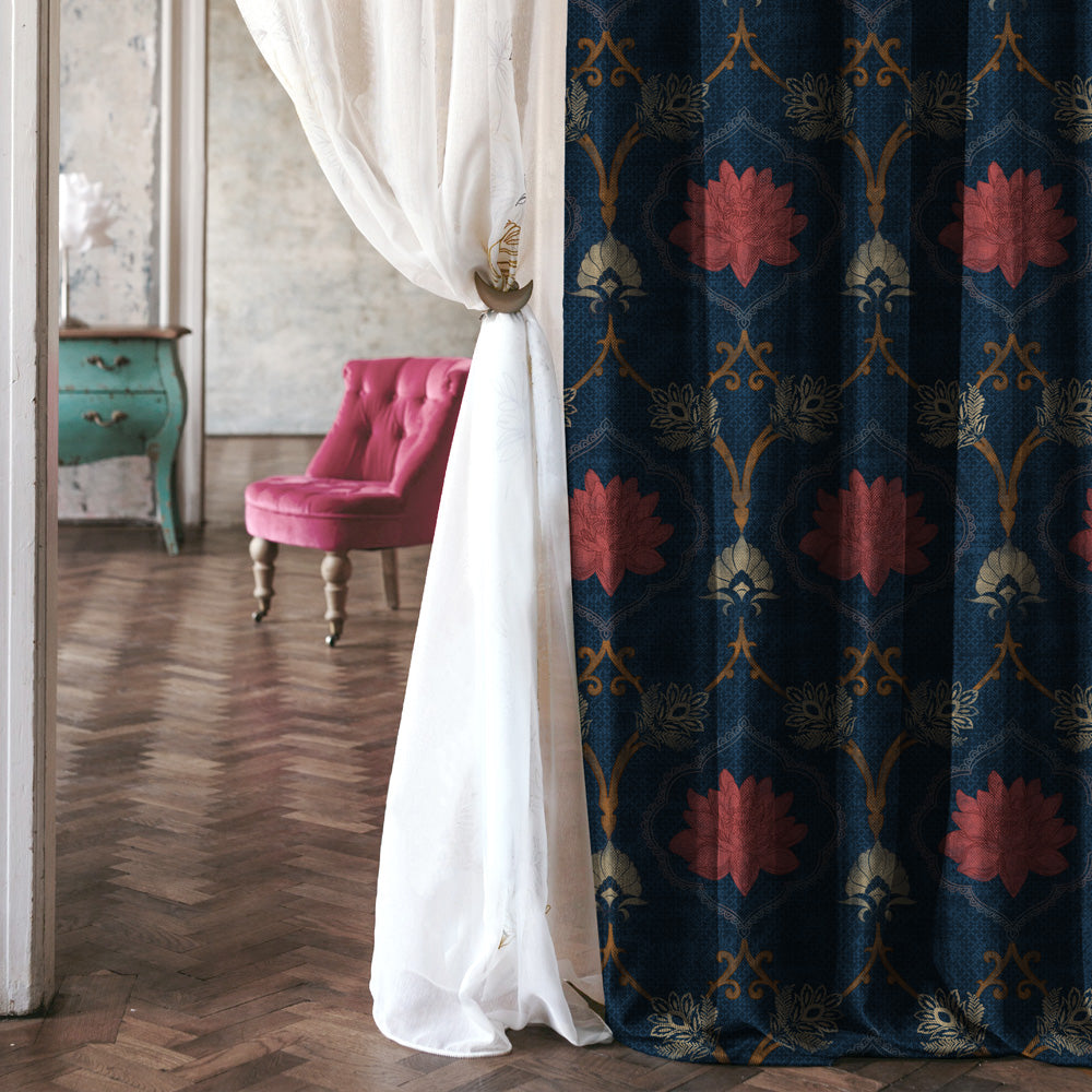 Kamal Indie Prussian Blue Heavy Satin Room Darkening Curtains Set Of 2 - (DS517A)