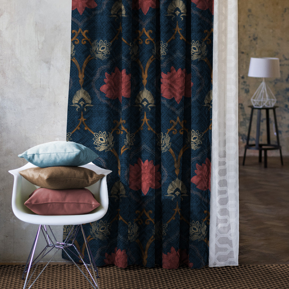 Kamal Indie Prussian Blue Heavy Satin Room Darkening Curtains Set Of 2 - (DS517A)